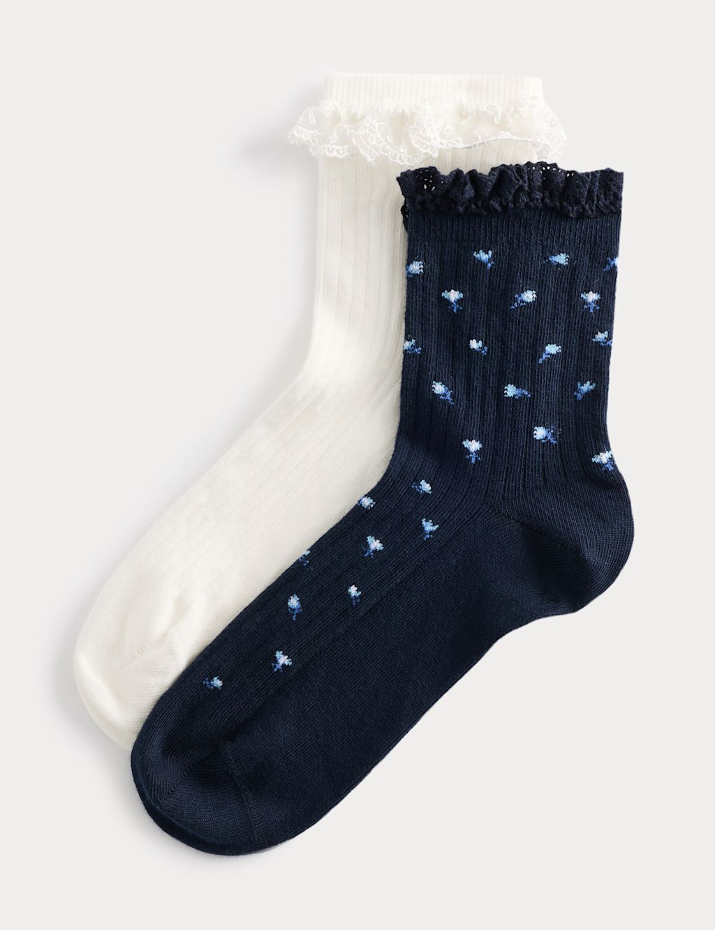 M&S 2 Pack Floral Ribbed Ruffle Quarter Socks - Navy Mix, Navy Mix