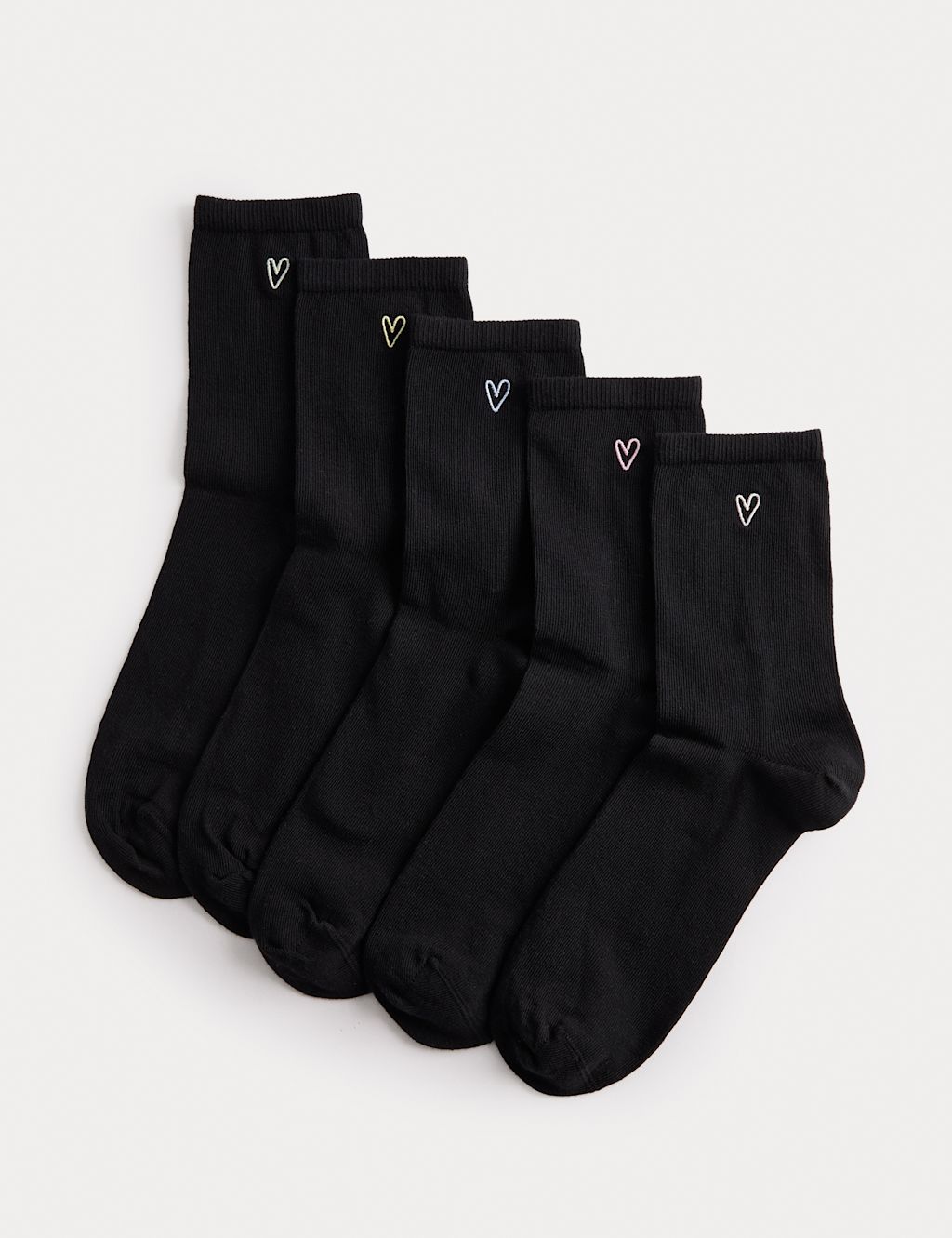 M&S 5 Pack Cotton Rich Embroidered Crew Socks - 3-5 - Black, Black