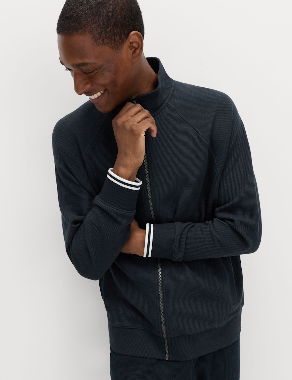 M&S Cotton Rich Rib Zip Up Loungewear Top - 2XL - Navy, Navy