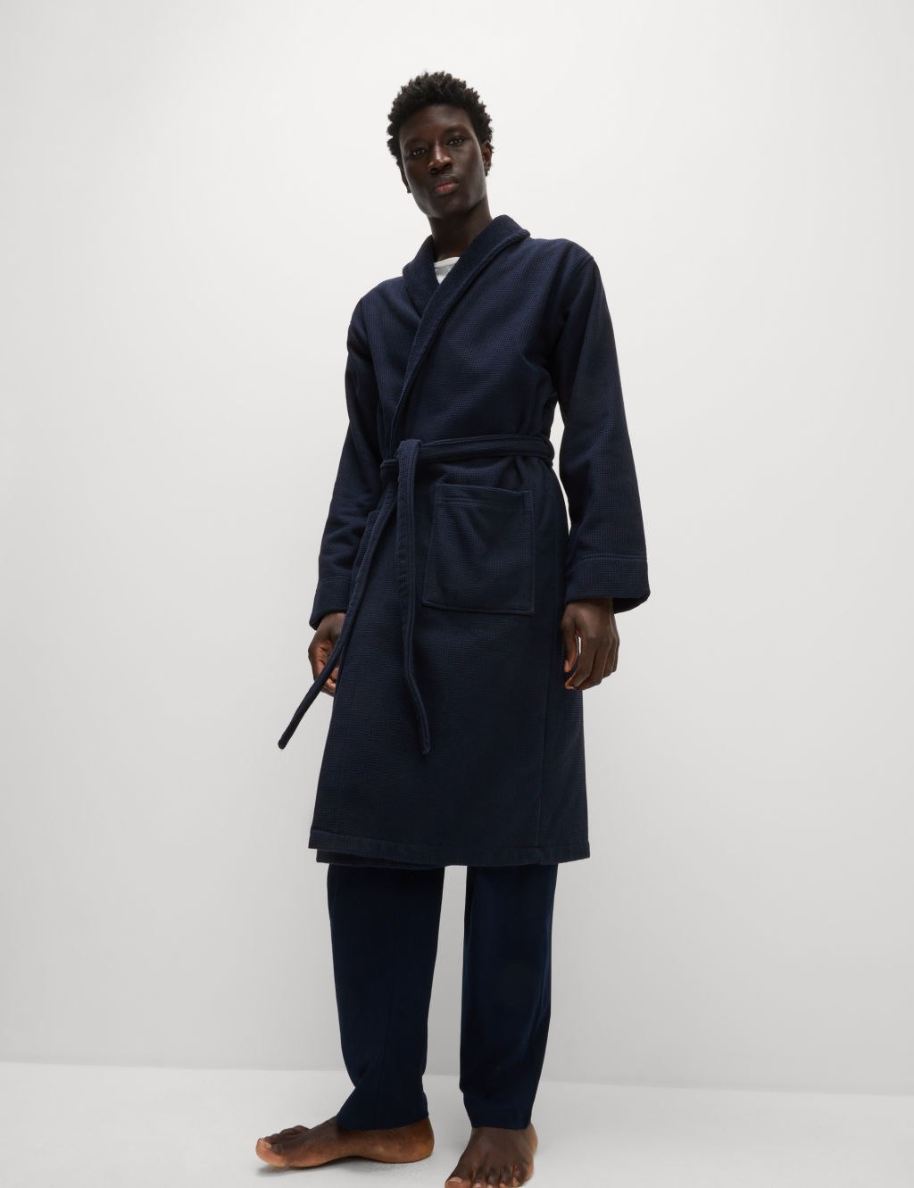 M&S Pure Cotton Waffle Dressing Gown - Dark Navy, Dark Navy