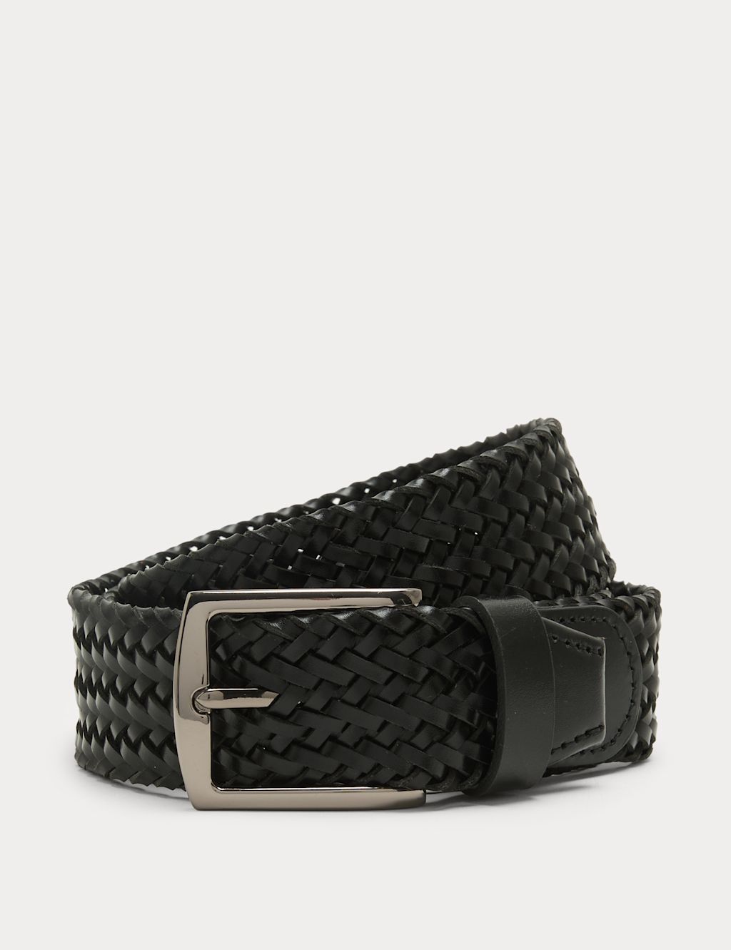 M&S Stretch Leather Plaited Belt - 30-32 - Black, Black