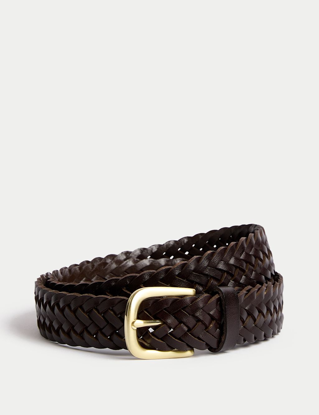 M&S Leather Plaited Belt - L-XL - Brown, Brown