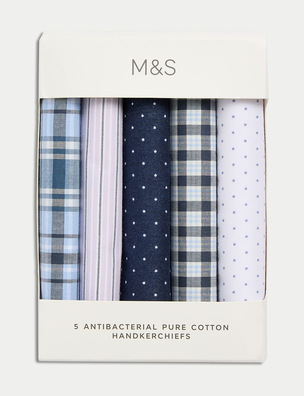 M&S 5pk Pure Cotton Patterned Handkerchiefs - 1SIZE - Blue Mix, Blue Mix