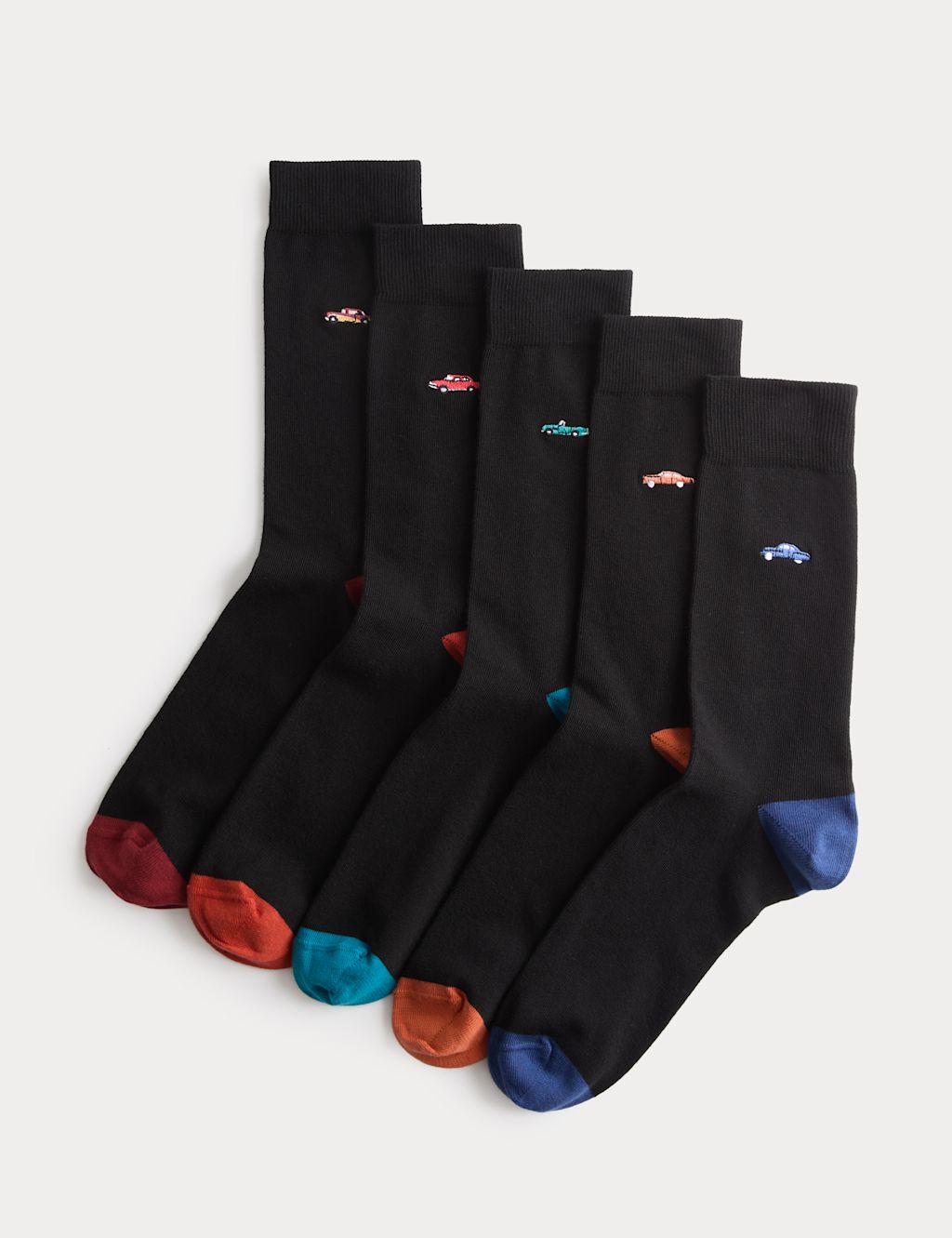 M&S 5 Pack Cool & Fresh&trade; Vintage Car Cotton Rich Socks - 9-12 - Black Mix, Black Mix