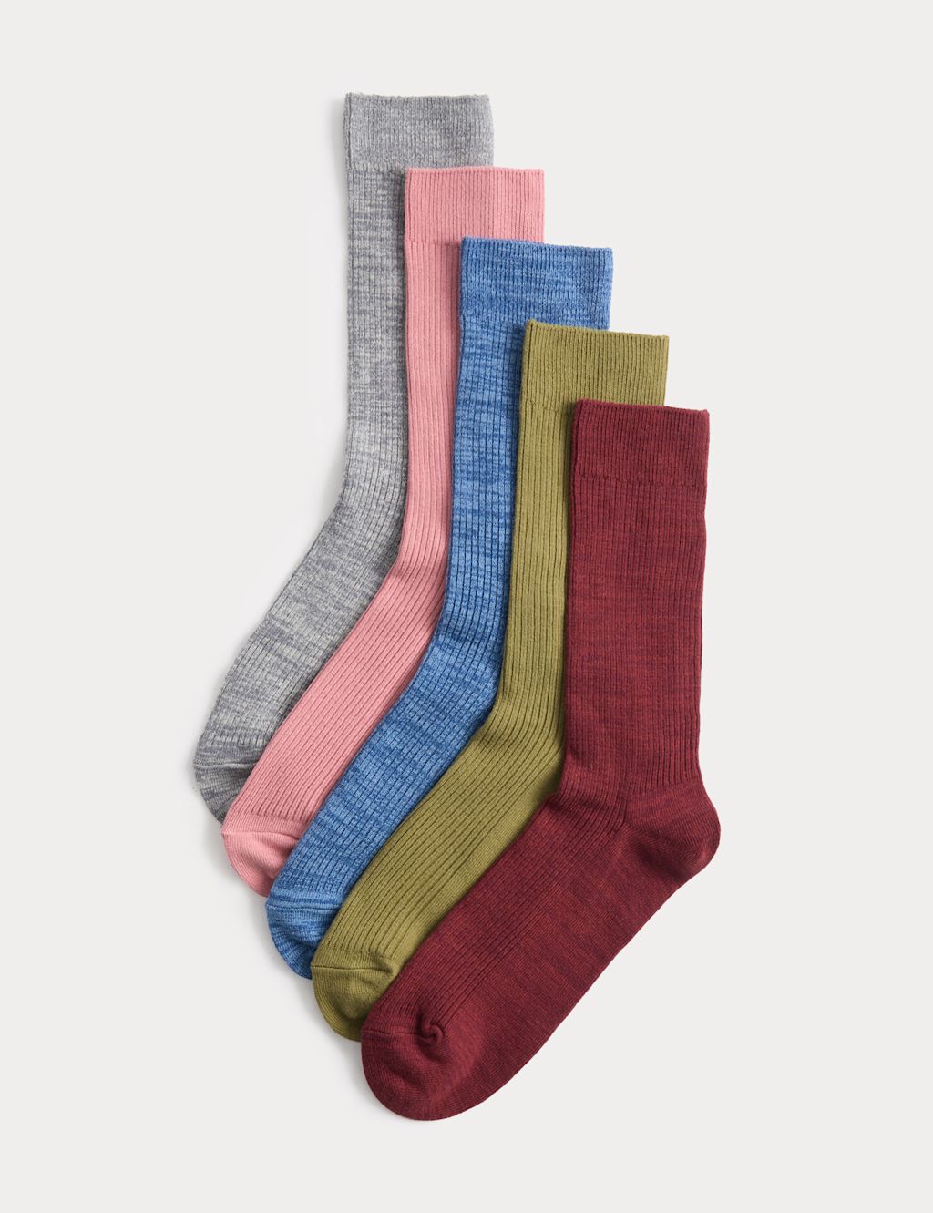 M&S 5 Pack Cotton Rich Ribbed Socks - 9-12 - Red Mix, Red Mix