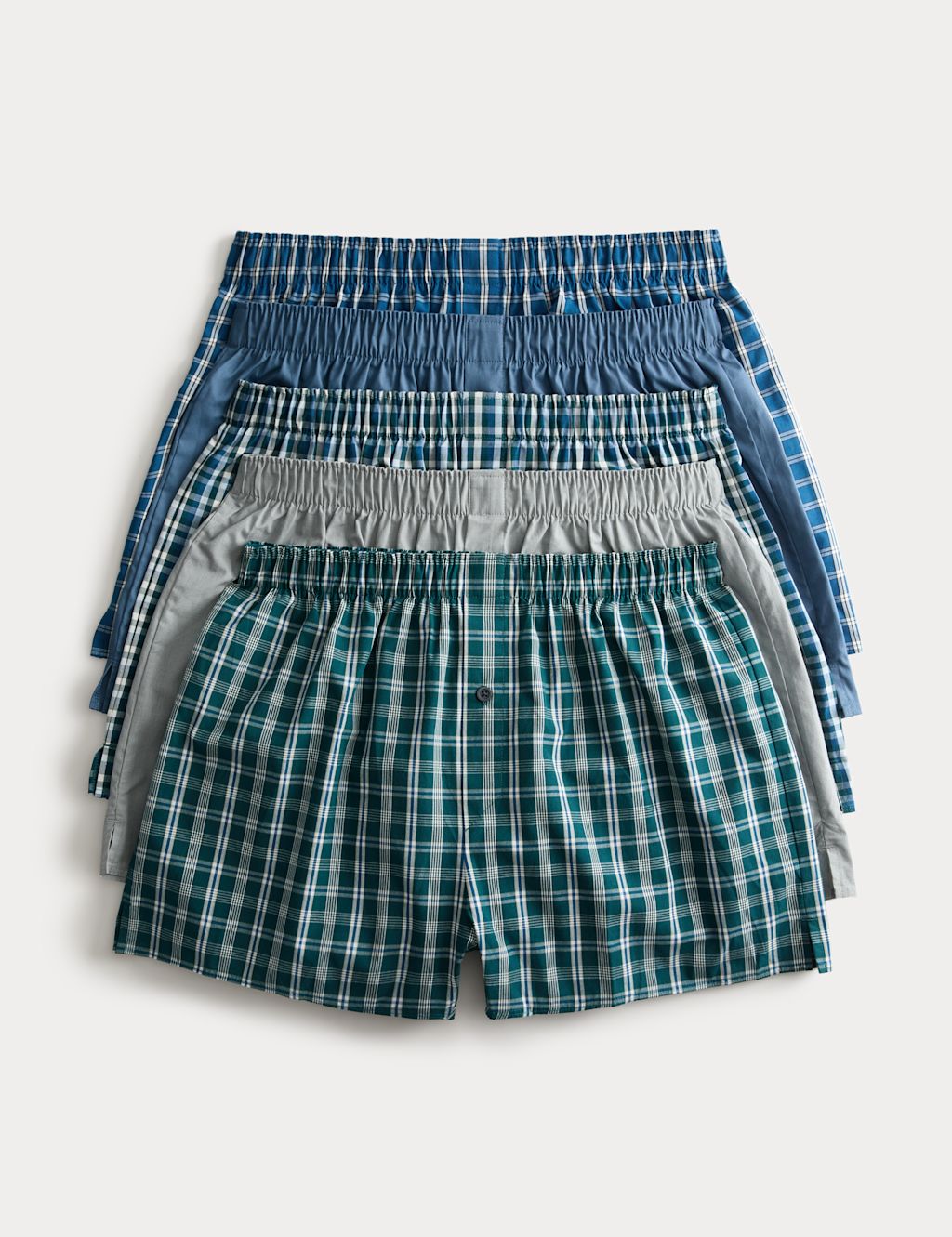 M&S 5 Pack Pure Cotton Checked Woven Boxers - 2XL - Green Mix, Green Mix