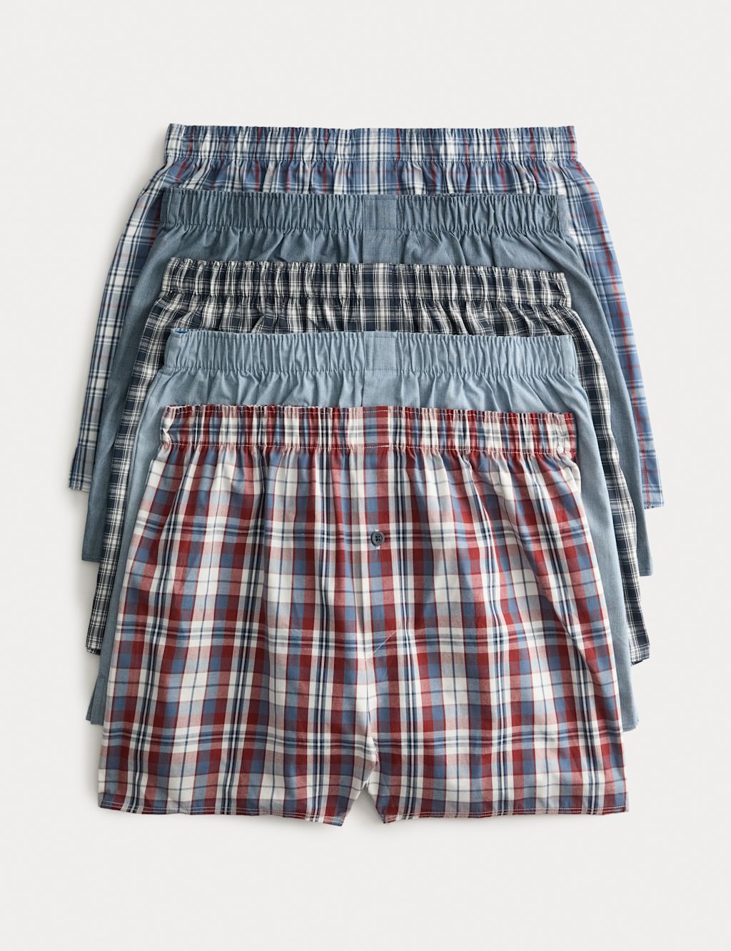 M&S 5 Pack Pure Cotton Checked Woven Boxers - L - Blue Mix, Blue Mix