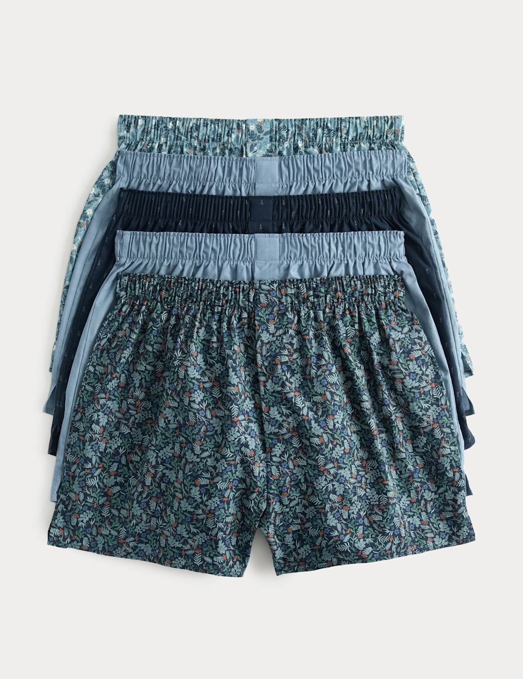 M&S 5 Pack Cotton StayNew&trade; Floral Woven Boxers - L - Blue Mix, Blue Mix