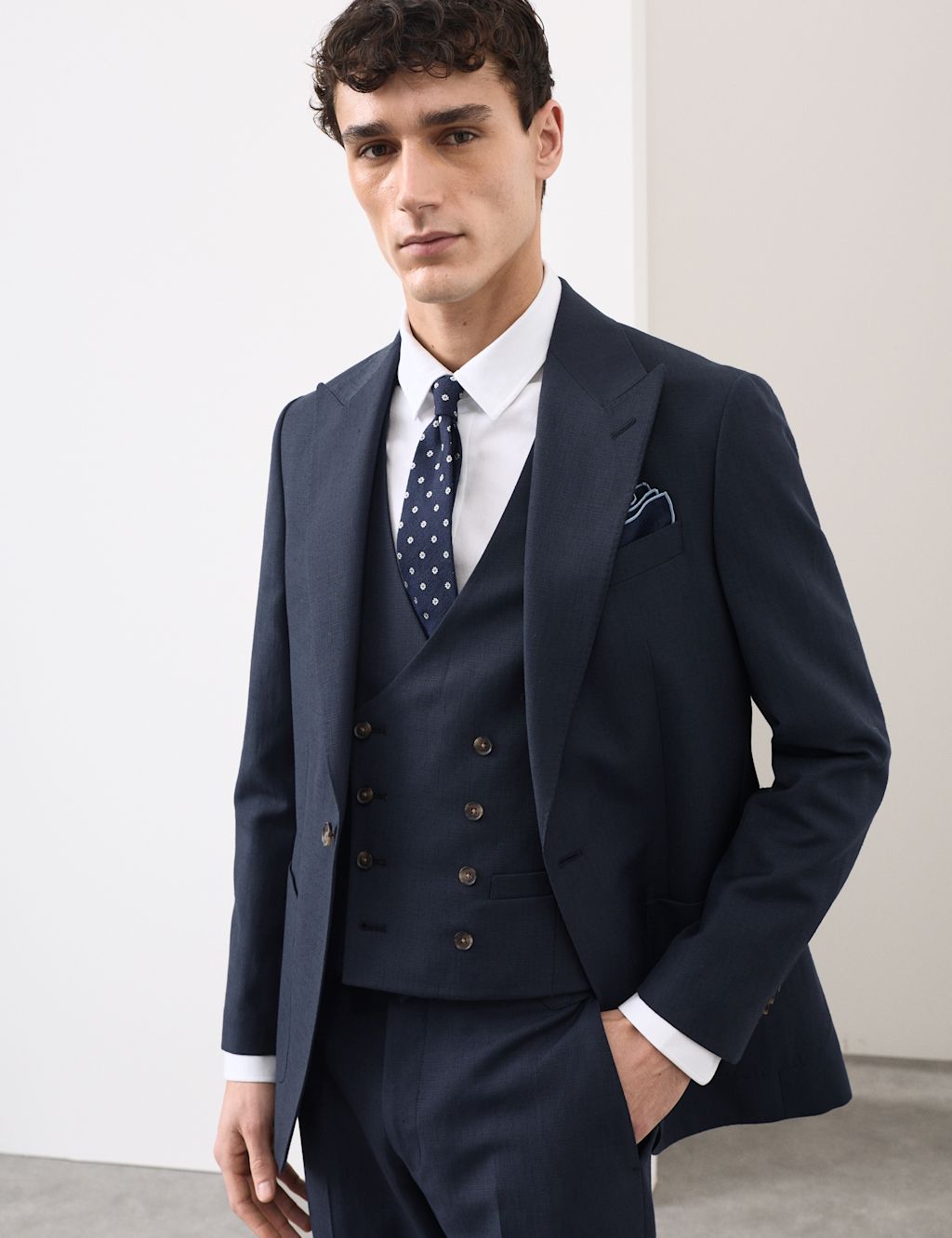 Autograph Tailored Fit Wool Blend Textured Suit Jacket - 36 - Navy, Navy