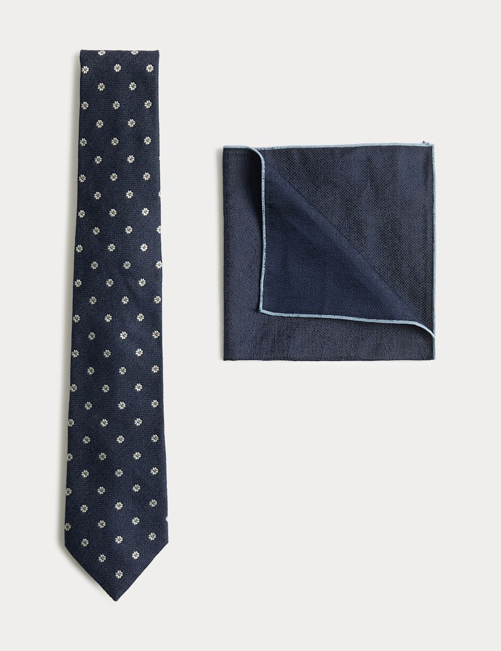 Autograph Floral Geometric Silk Rich Tie & Handkerchief Set - Navy, Navy