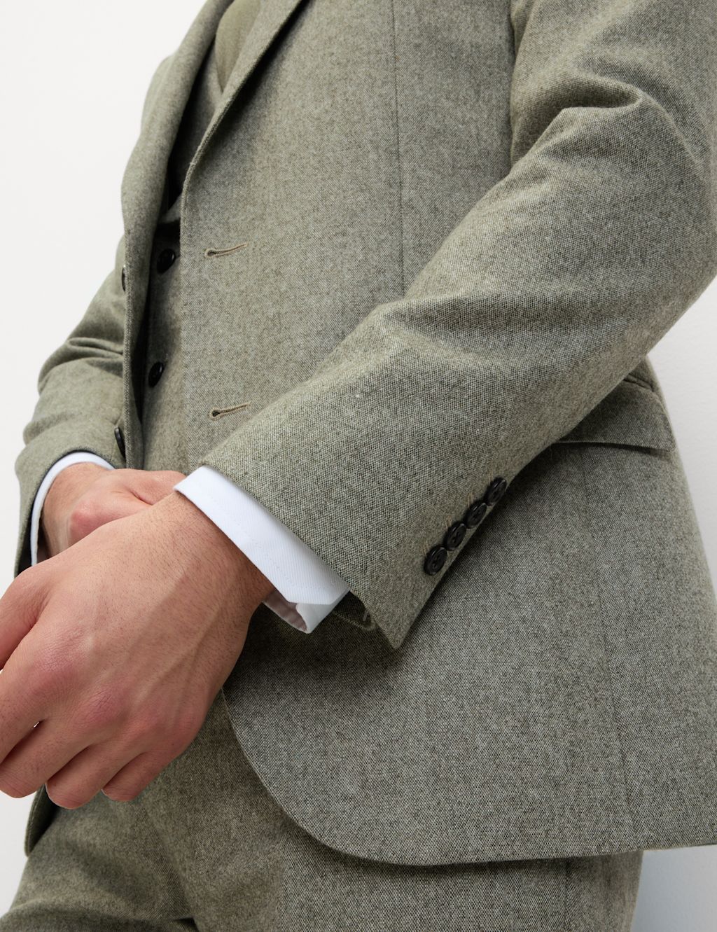 M&S Tailored Fit Wool Rich Tweed Suit Jacket - 34LNG - Khaki, Khaki