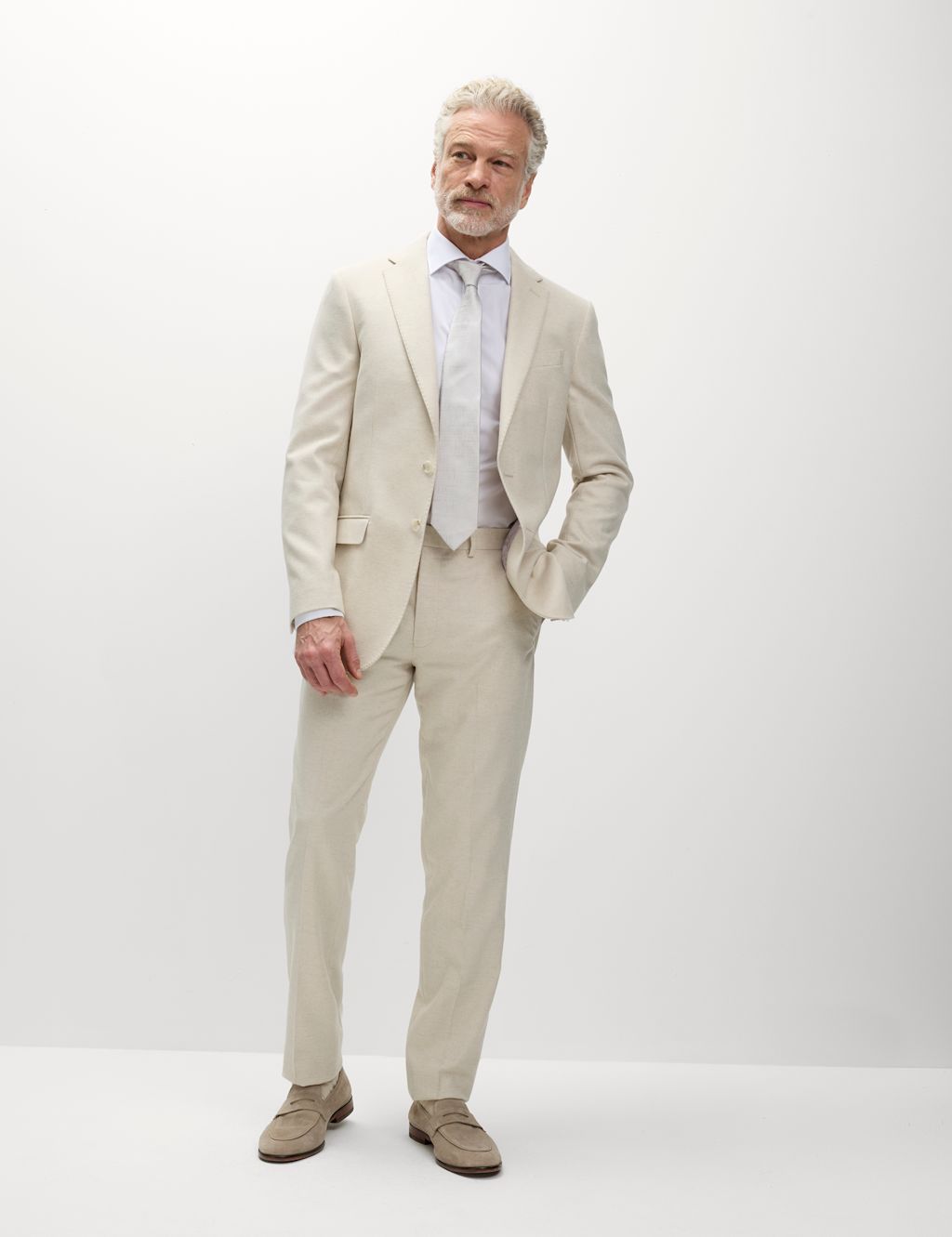 M&S Tailored Fit Wool Rich Tweed Suit Jacket - 34LNG - Stone, Stone