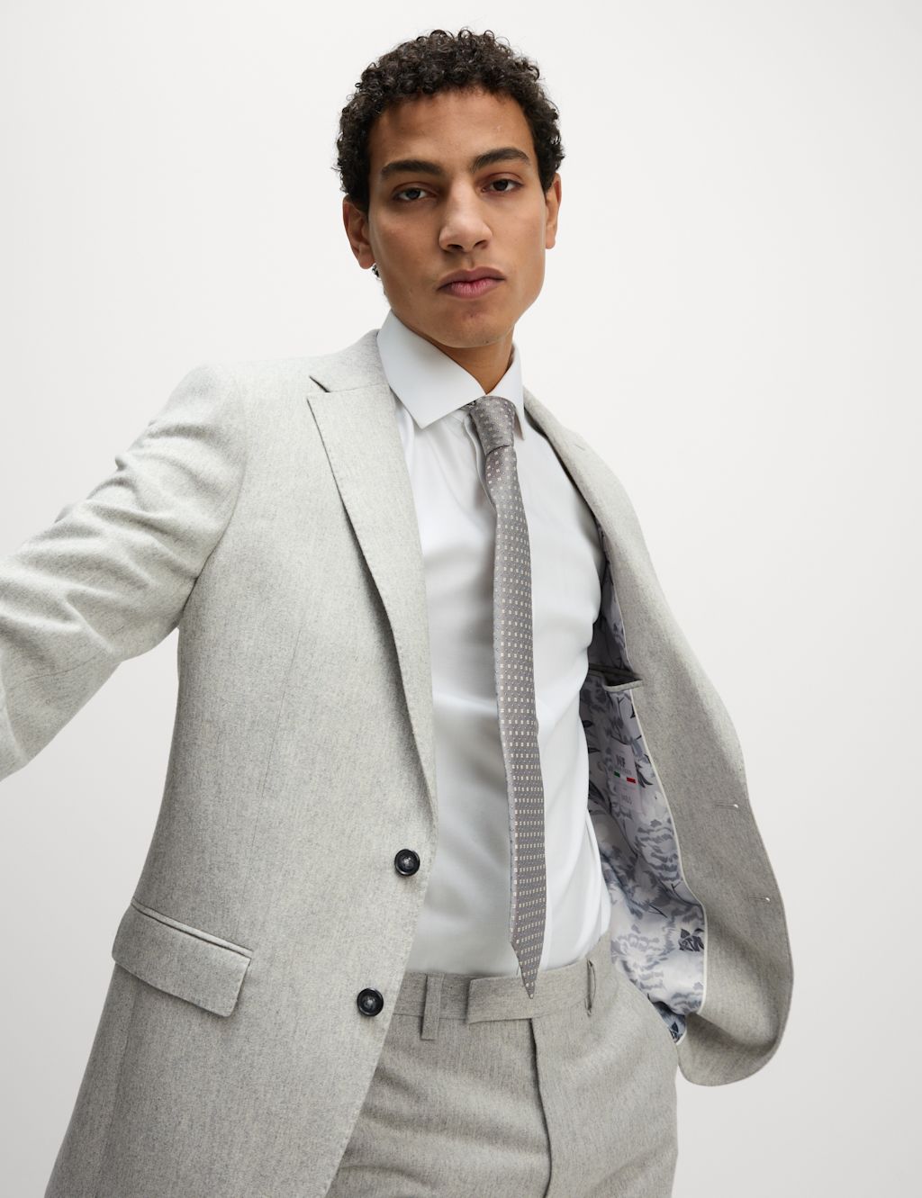 M&S Tailored Fit Wool Rich Tweed Suit Jacket - 34LNG - Light Grey, Light Grey