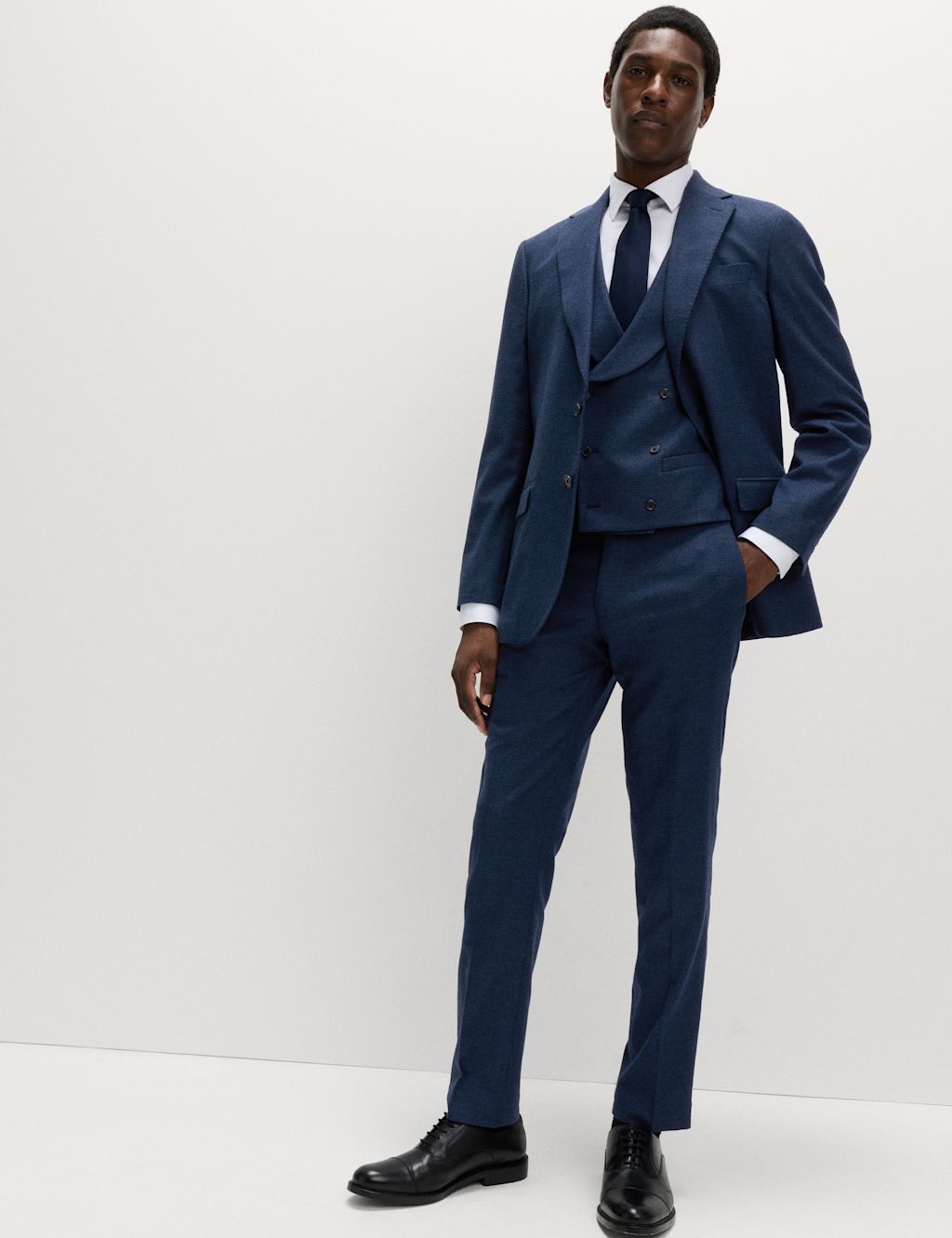 M&S Italian Wool Blend Puppytooth Stretch Trousers - 28REG - Navy, Navy