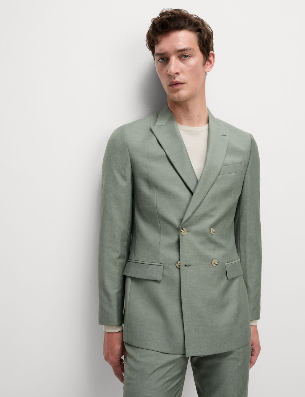 M&S Slim Fit Double Breasted Jacket with Stretch - 42REG - Light Green, Light Green