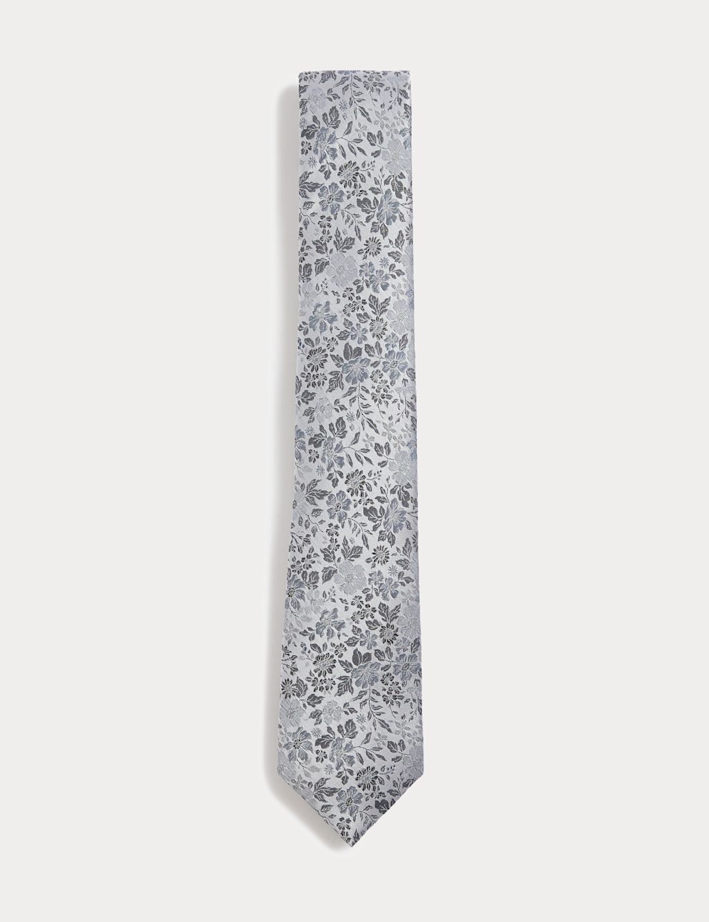 M&S Floral Pure Silk Tie - 1SIZE - Silver, Silver