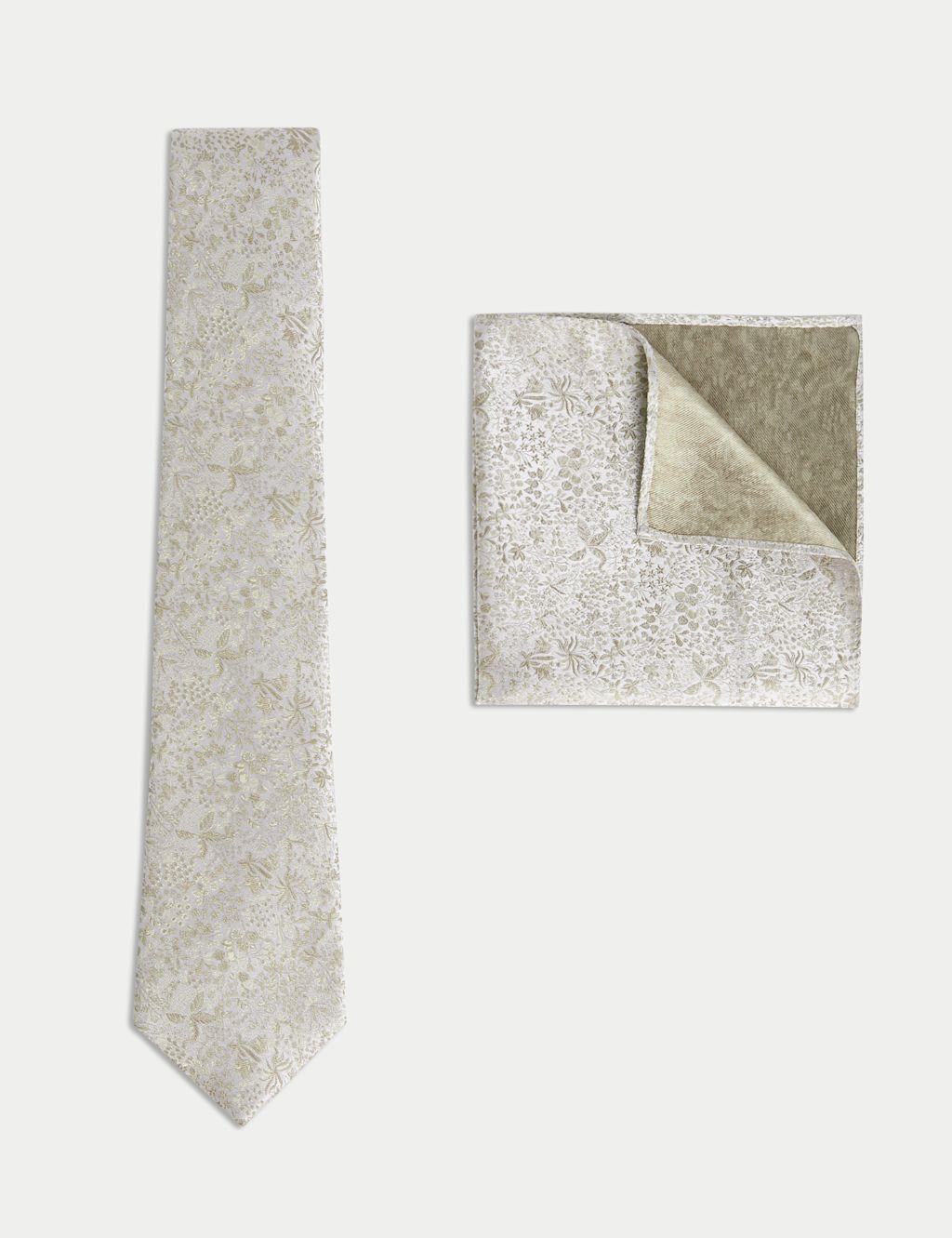 M&S Pure Silk Jacquard Tie & Pocket Square Set - 1SIZE - Champagne, Champagne