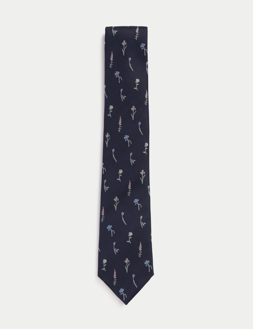 M&S Floral Pure Silk Tie - 1SIZE - Mid Blue, Mid Blue