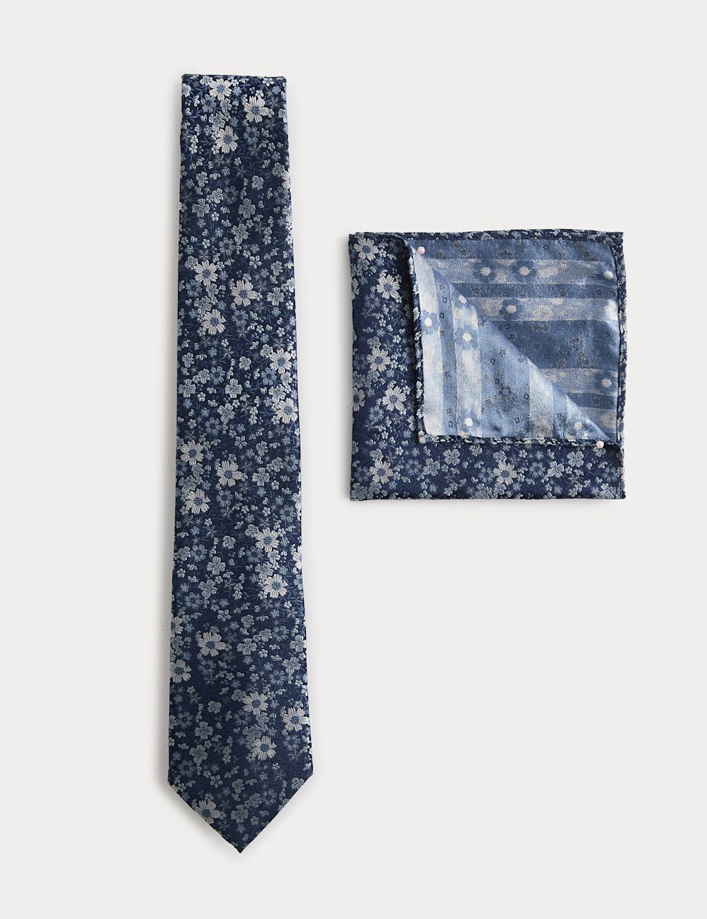M&S Pure Silk Small Floral Tie and Hank Set - Navy, Navy