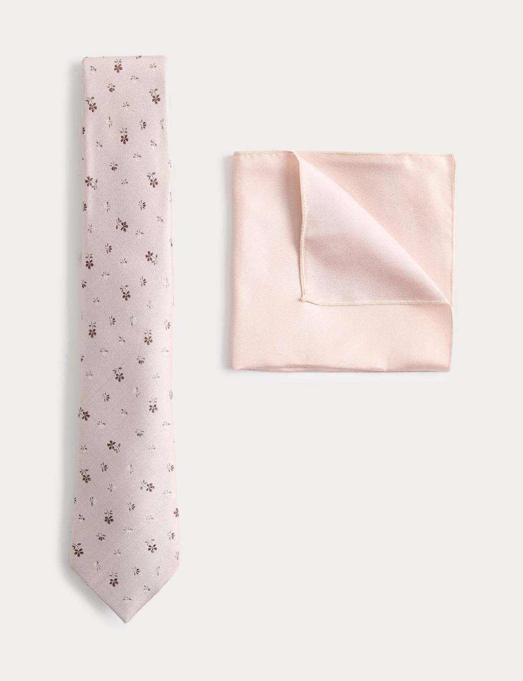 M&S Pure Silk Ditsy Floral Tie and Handkerchief Set - Pink, Pink