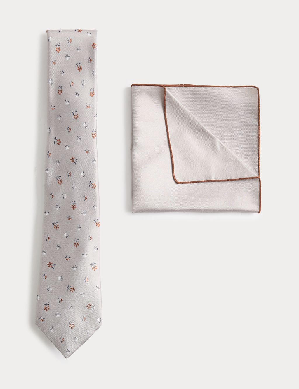 M&S Pure Silk Ditsy Floral Tie and Handkerchief Set - Stone, Stone