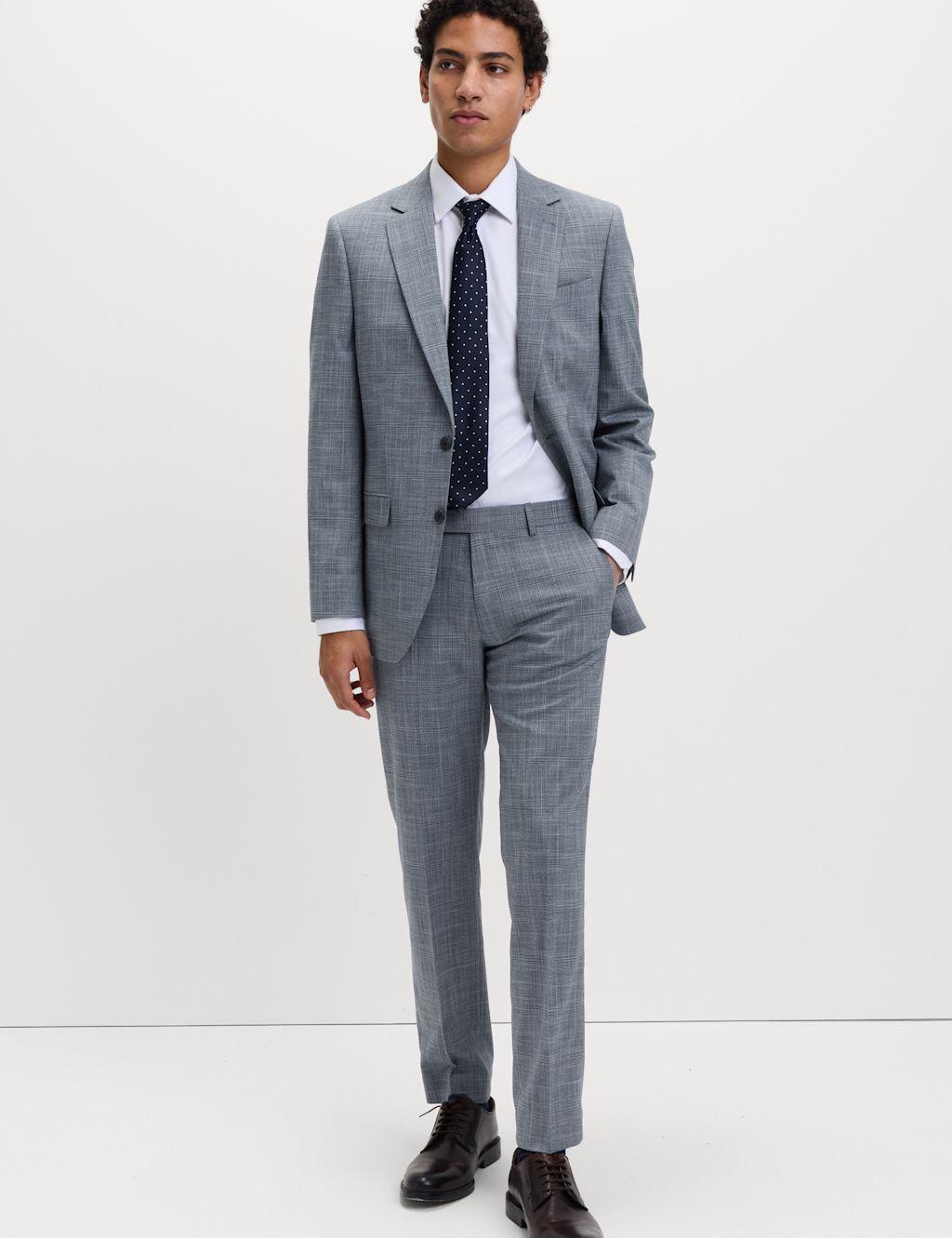 M&S Tailored Fit Check Stretch Jacket - 34 - Mid Blue, Mid Blue