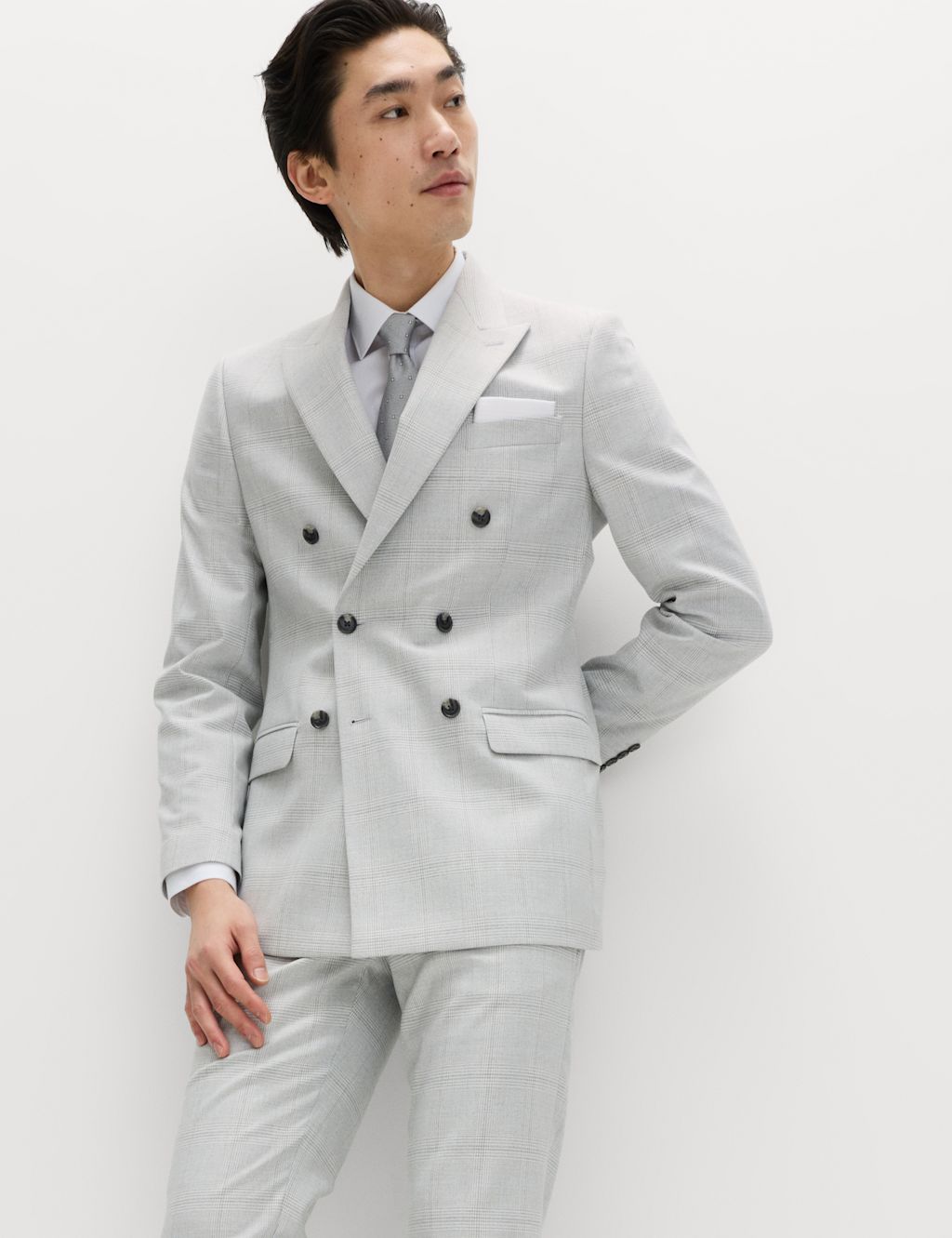 M&S Slim Fit Check Double Breasted Suit Jacket - 38 - Light Grey Mix, Light Grey Mix