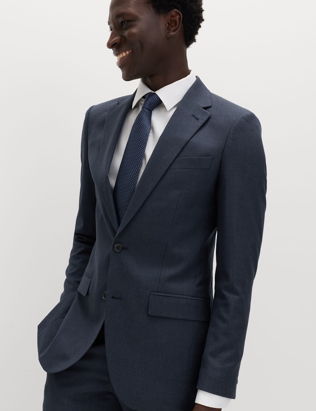 M&S Skinny Fit Grid Check Stretch Suit Jacket - 40 - Navy, Navy