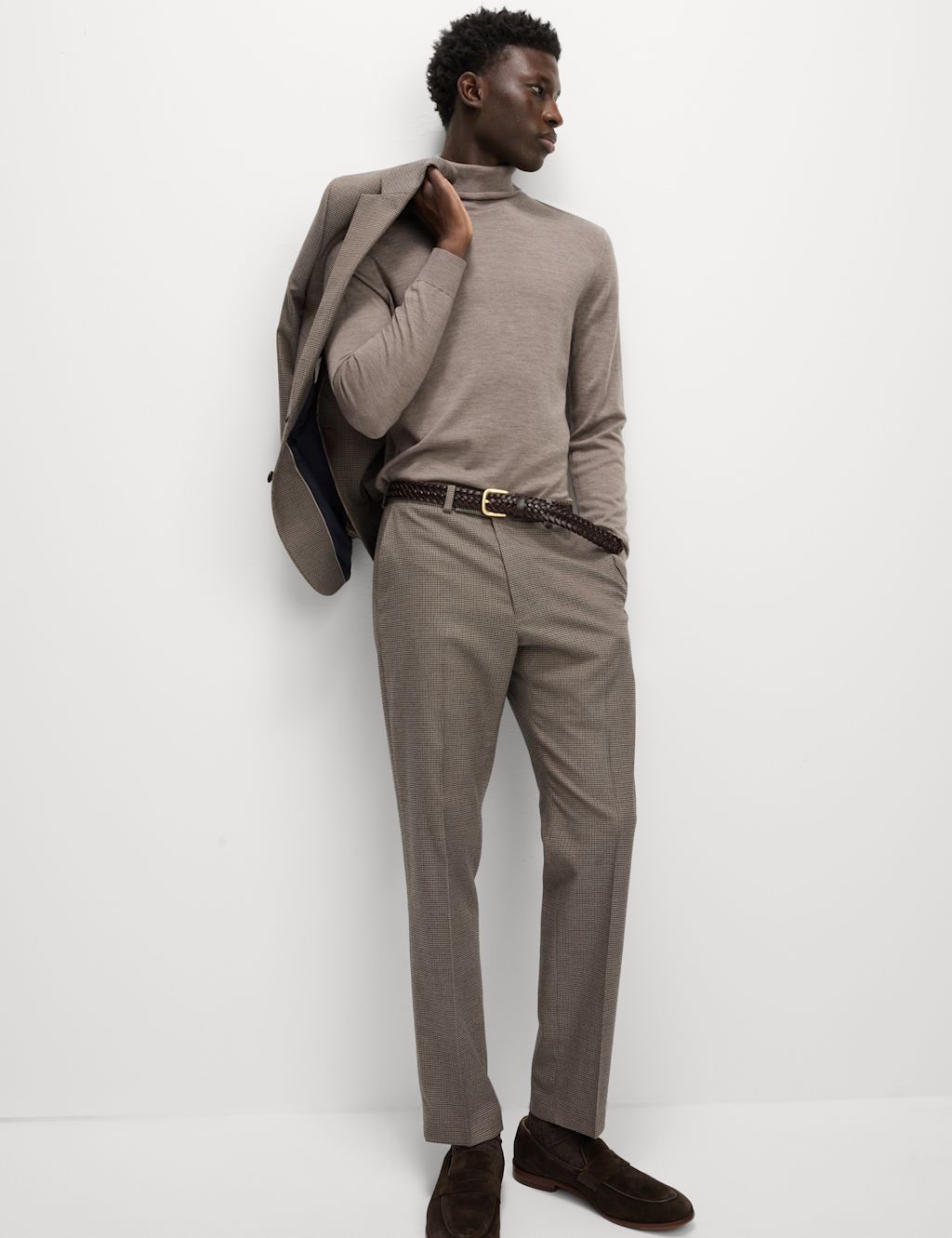 M&S Regular Fit Puppytooth Stretch Suit Trousers - 44LNG - Neutral, Neutral