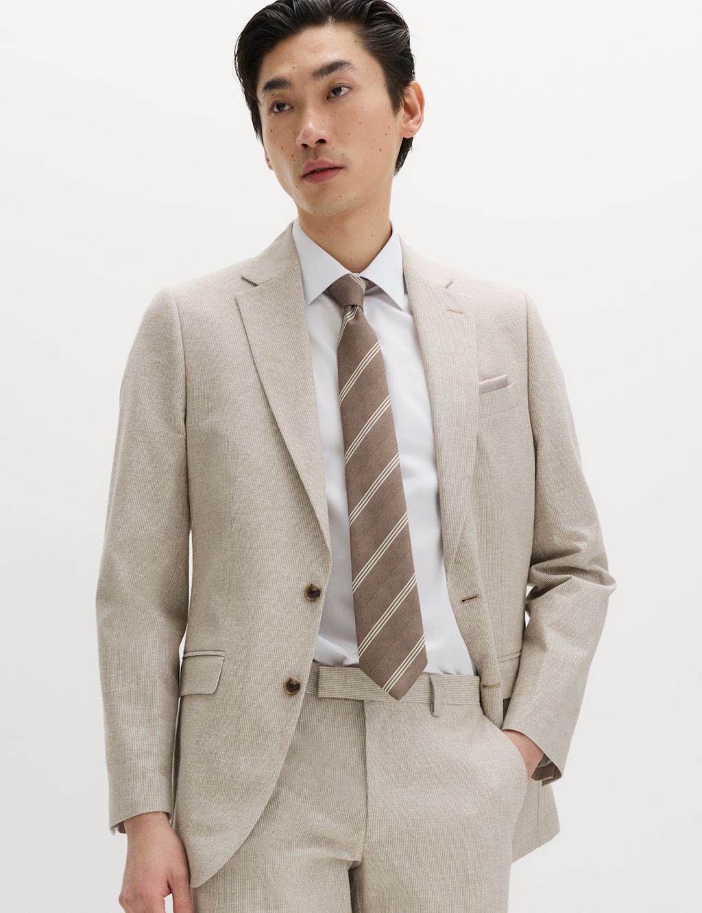 M&S Tailored Fit Cotton Linen Striped Jacket - 40 - Neutral, Neutral