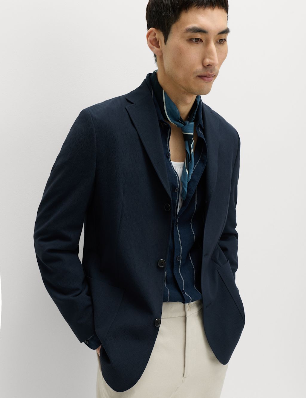 M&S Tailored Fit Seersucker Stretch Suit Jacket - 36 - Navy, Navy
