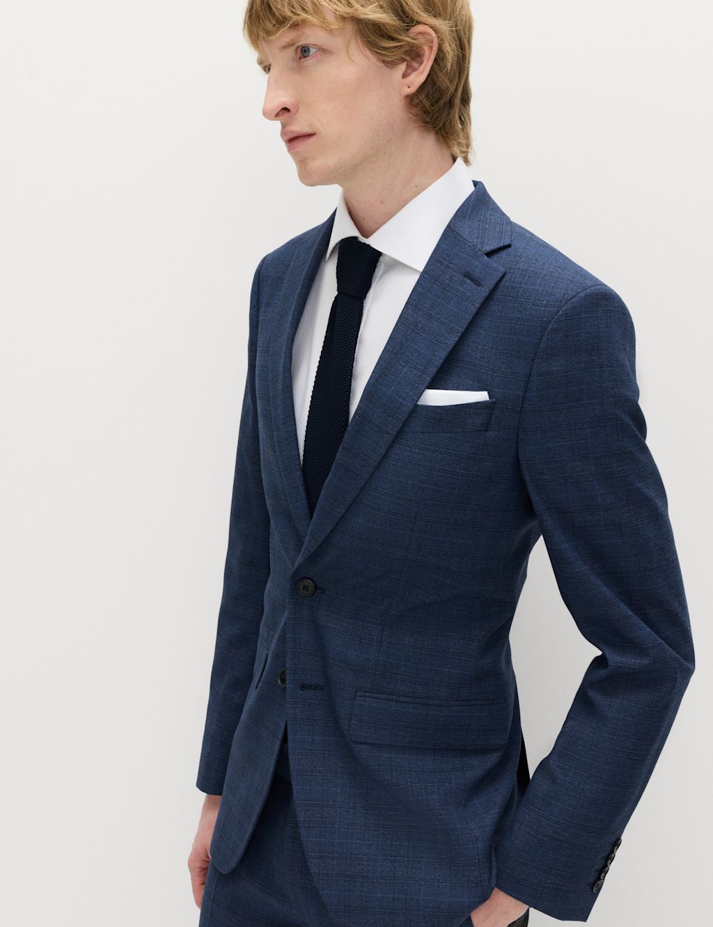 M&S Slim Fit Textured Check Jacket - 34 - Mid Blue, Mid Blue