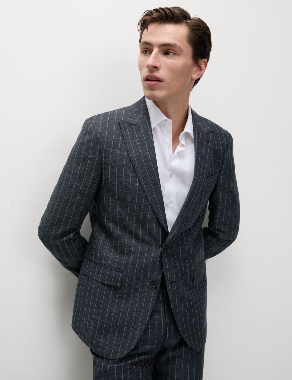 M&S Sartorial Regular Fit Wool Linen Blend Pinstripe Suit Jacket - 46SHT - Navy, Navy