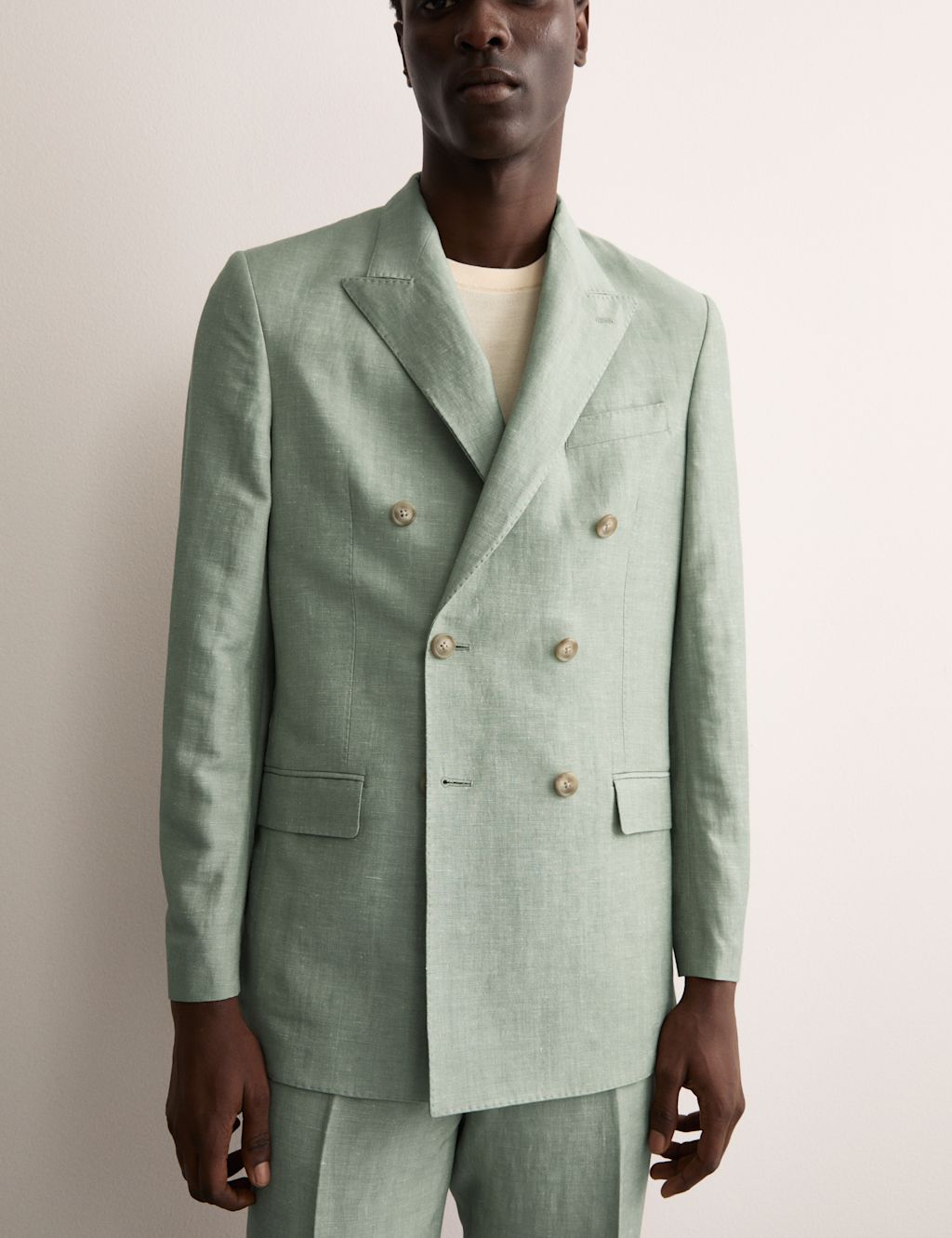 JAEGER  Tailored Fit Double Breasted Wool Linen Blend Jacket - 36REG - Pistachio, Pistachio