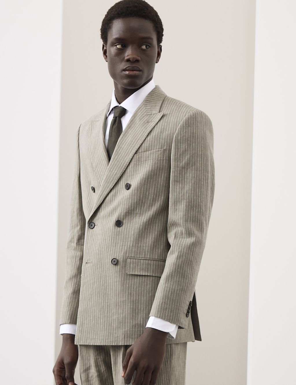 Autograph Tailored Fit Italian Performance Linen Blend Pinstripe Suit Jacket - 36 - Khaki, Khaki