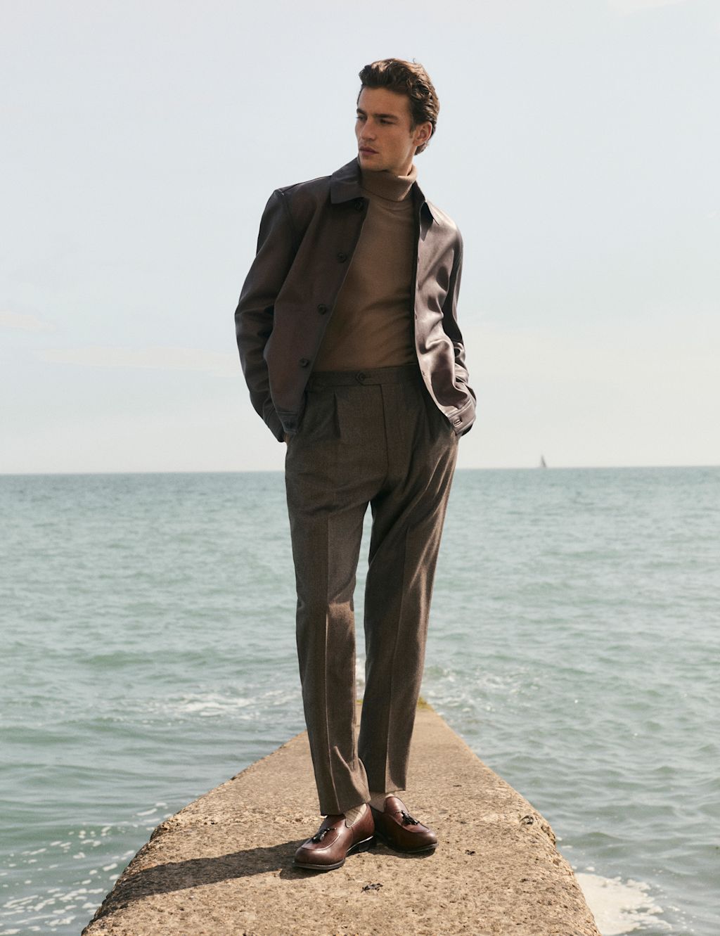 JAEGER  Italian Wool Flannel Puppytooth Trousers - 34REG - Brown, Brown