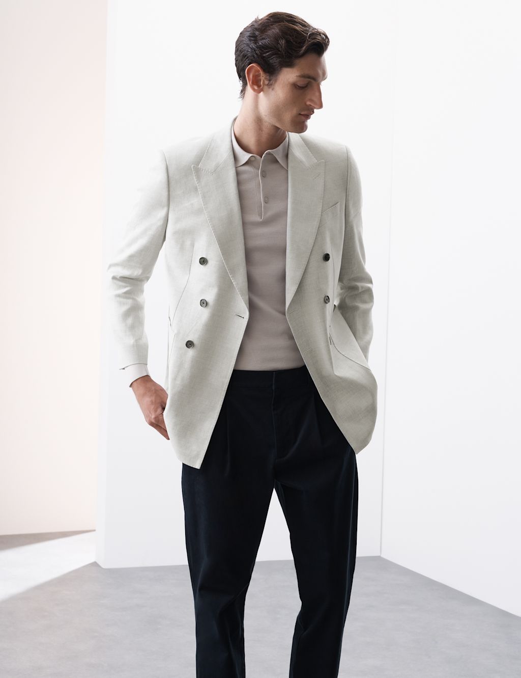Autograph Tailored Fit Linen Blend Twill Blazer - 44SHT - Grey, Grey