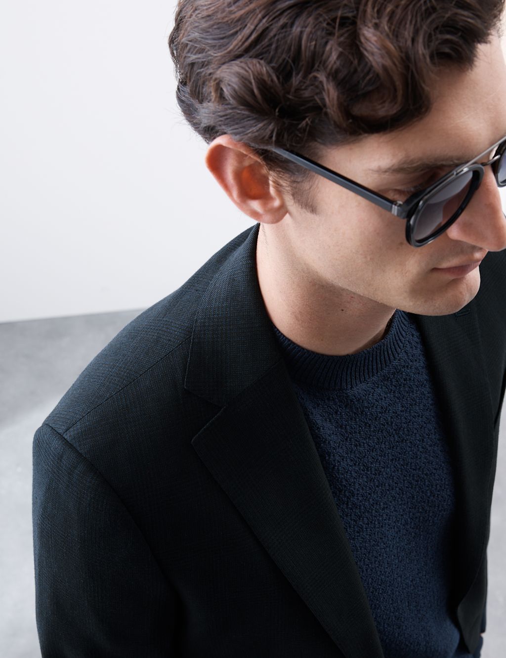 Autograph Linen Blend Check Blazer - 36SHT - Navy Mix, Navy Mix