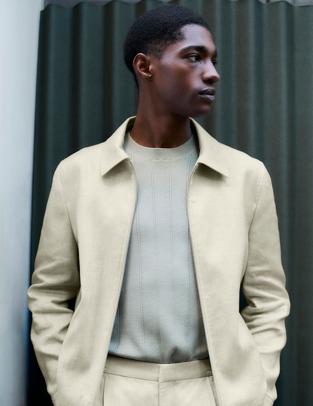 Autograph Linen Blend Performance Harrington Jacket - L - Light Olive, Light Olive