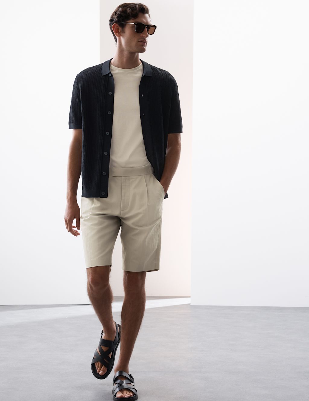 Autograph Cotton Linen Blend Single Pleat Shorts - 30LNG - Stone, Stone