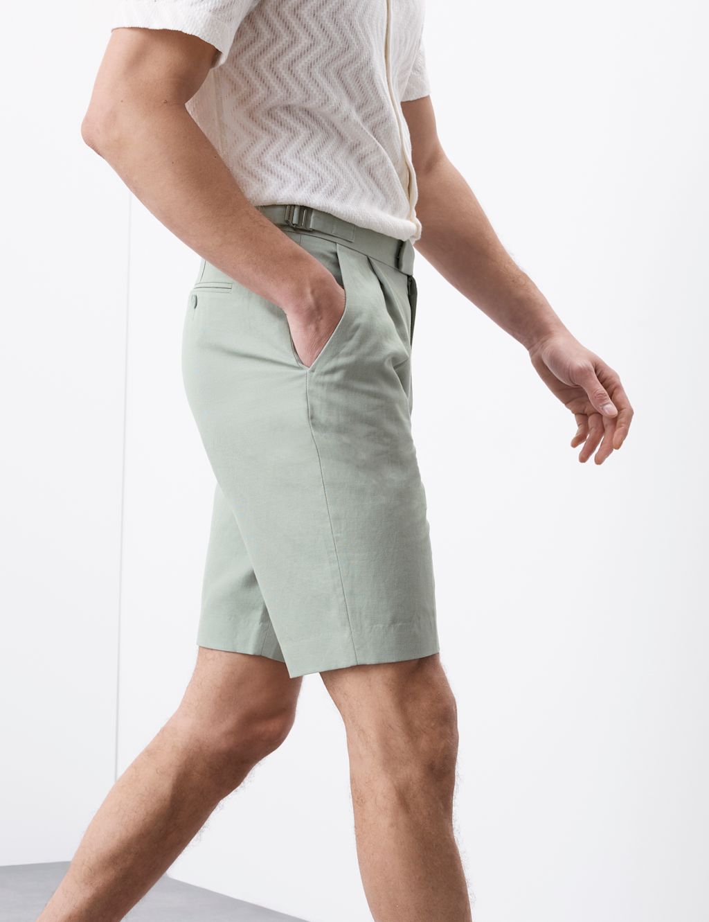 Autograph Cotton Linen Blend Single Pleat Shorts - 30LNG - Light Verdigris, Light Verdigris
