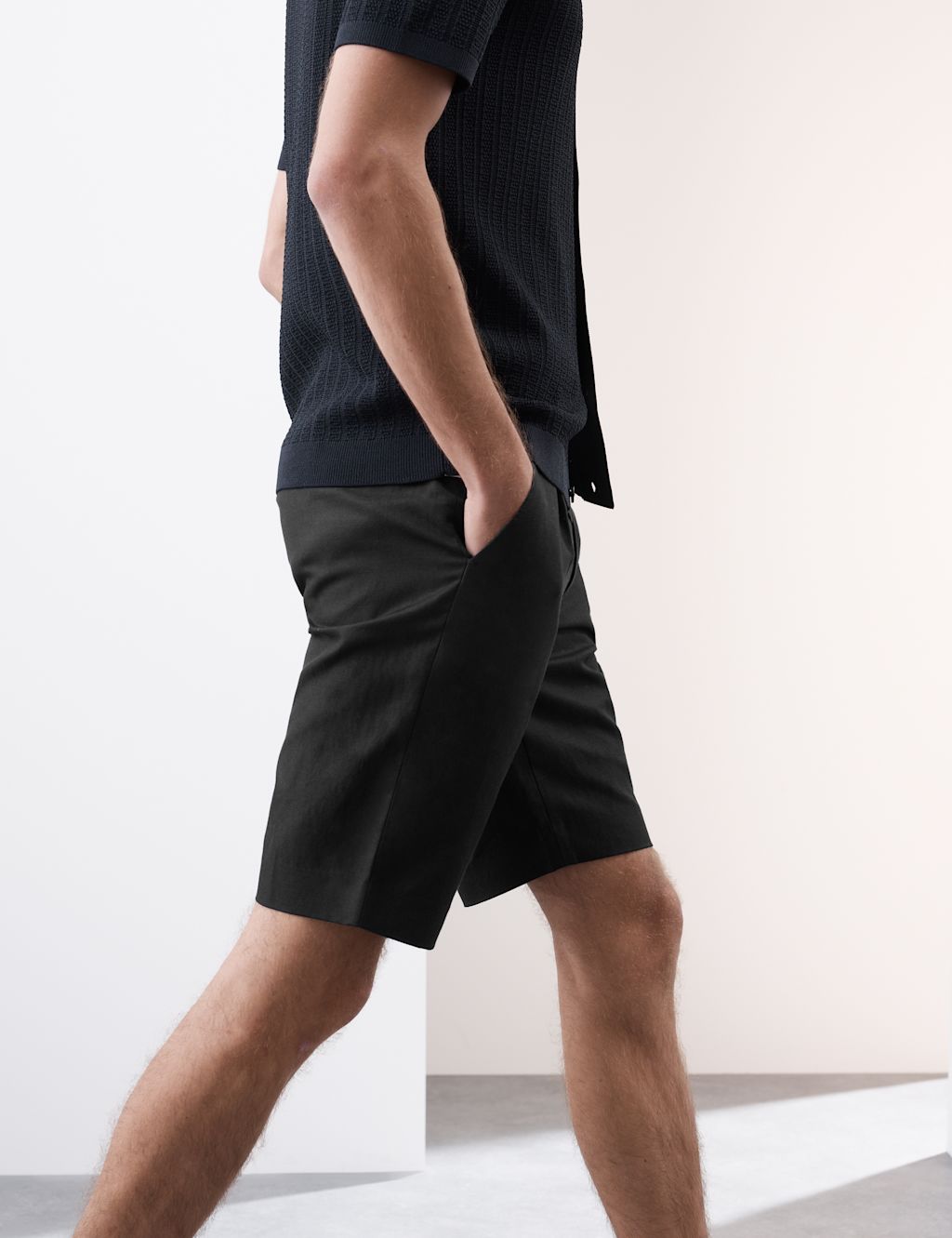 Autograph Cotton Linen Blend Single Pleat Shorts - 30MID - Black, Black