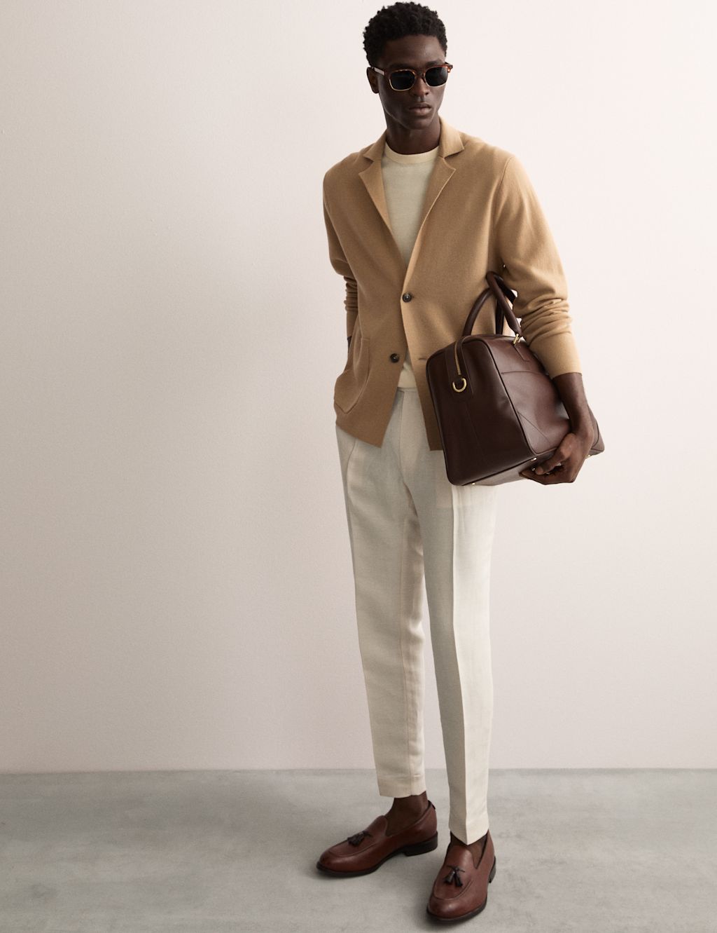 JAEGER  Tapered Fit Linen Blend Trousers - 42REG - Ecru, Ecru
