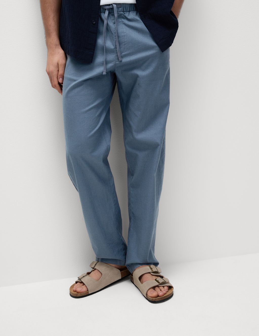 M&S Loose Fit Cotton Linen Blend Elasticated Trousers - LSTD - Air Force Blue, Air Force Blue