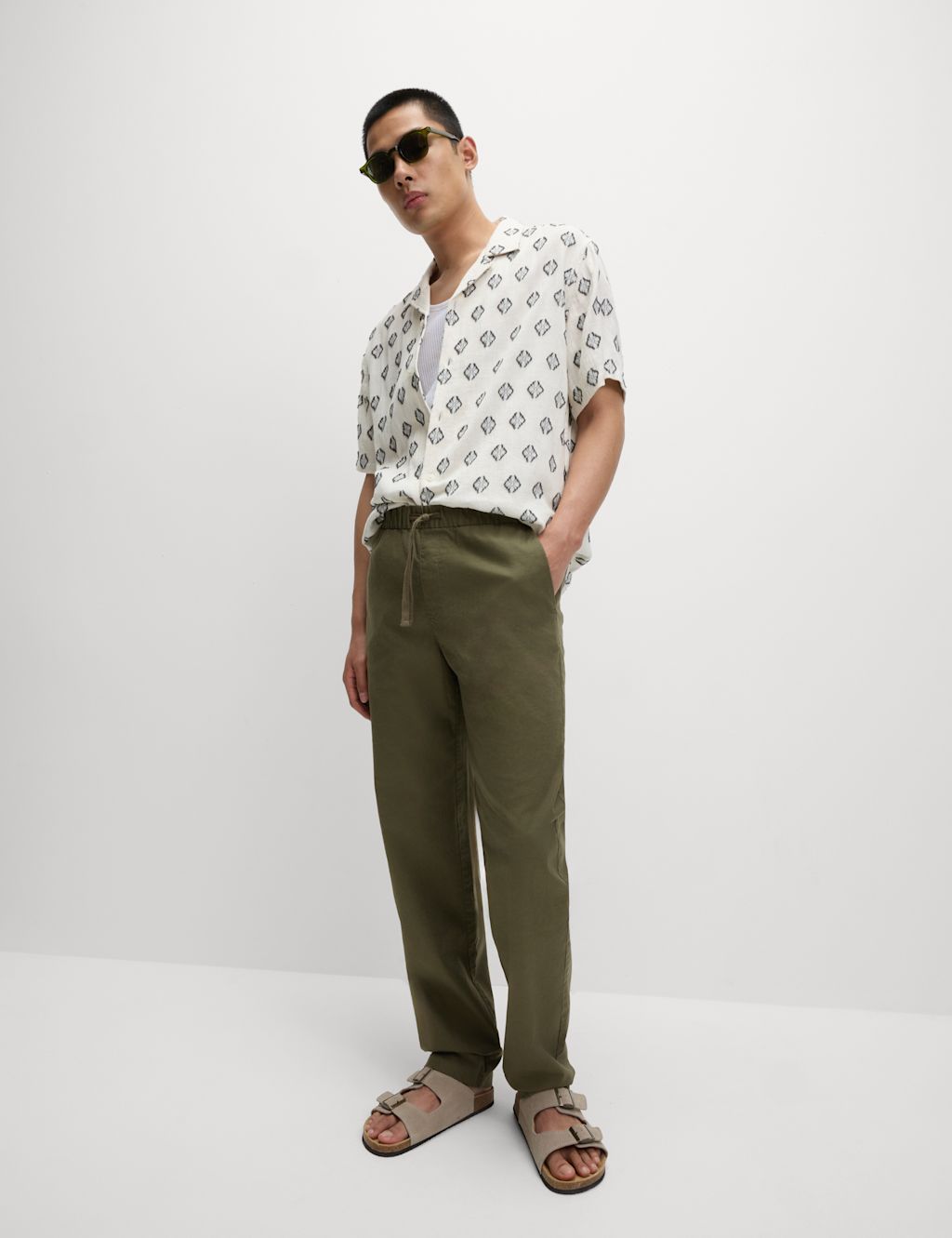 M&S Loose Fit Cotton Linen Blend Elasticated Trousers - LSTD - Hunter Green, Hunter Green