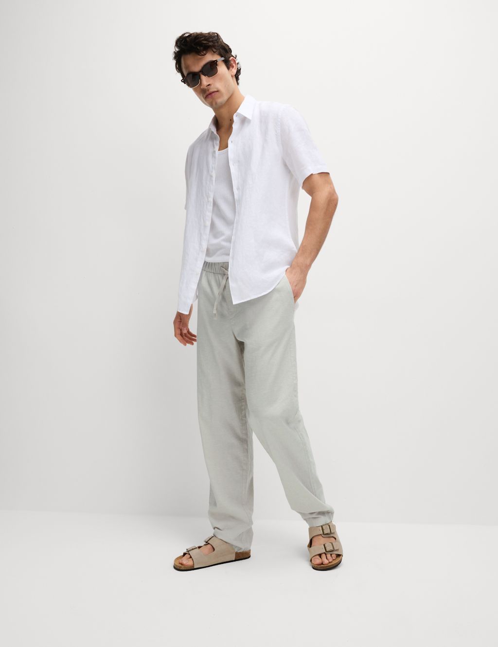 M&S Loose Fit Cotton Linen Blend Elasticated Trousers - LLNG - Stone, Stone