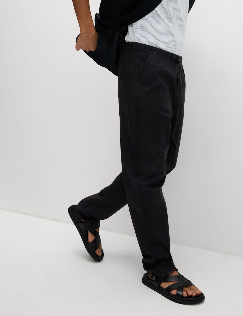 M&S Loose Fit Cotton Linen Blend Elasticated Trousers - LSHT - Black, Black