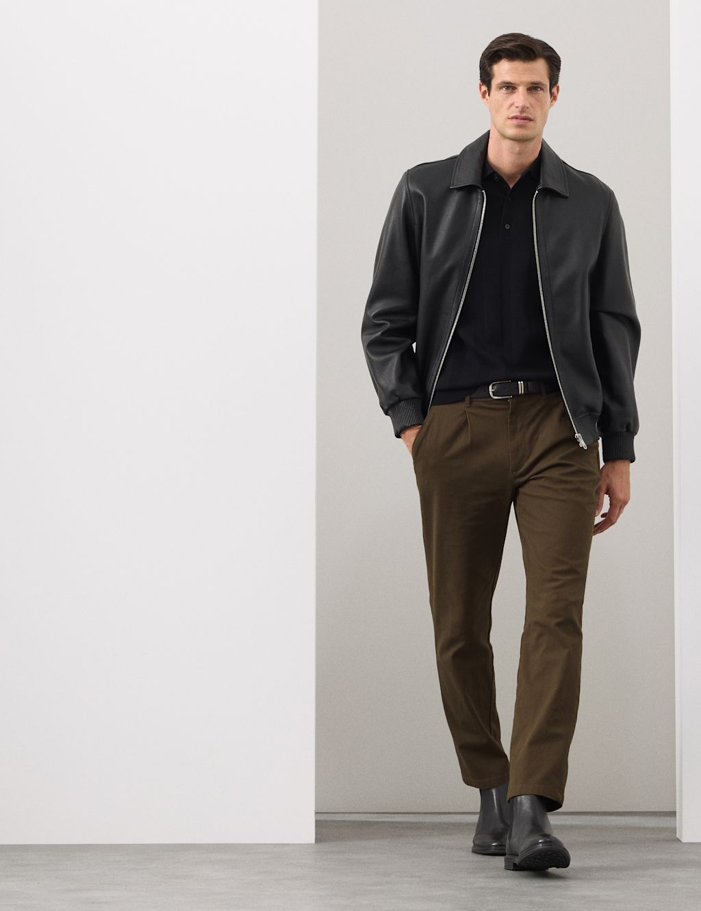 Autograph Regular Fit Textured Dobby Pleat Front Chinos - 3029 - Dark Olive, Dark Olive