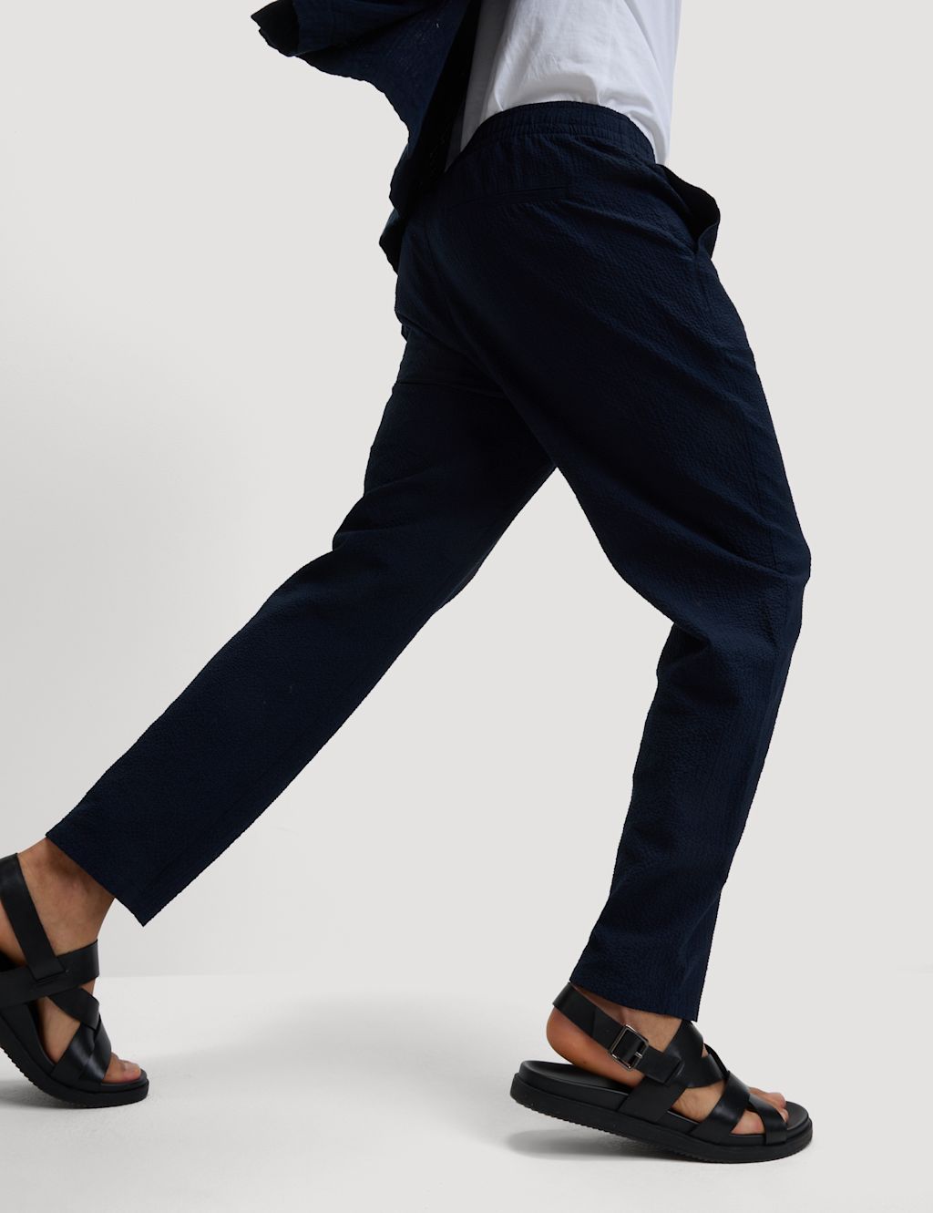 M&S Tapered Fit Lightweight Seersucker Elasticated Waist Trousers - SLNG - Dark Navy, Dark Navy