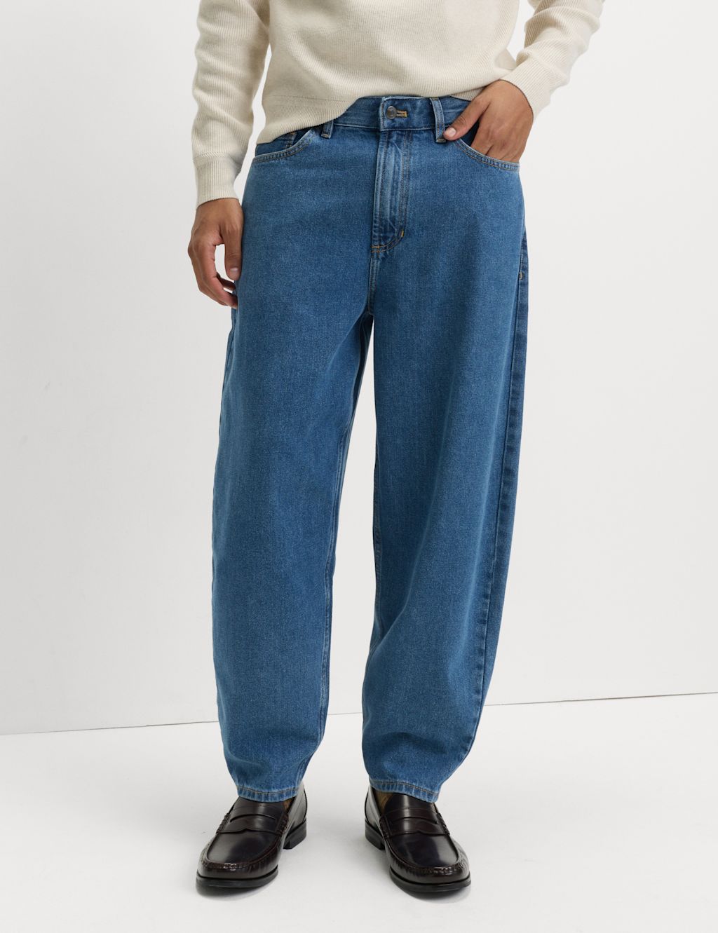 M&S Barrel Fit Pure Cotton Rigid Jeans - 3629 - Medium Blue, Medium Blue